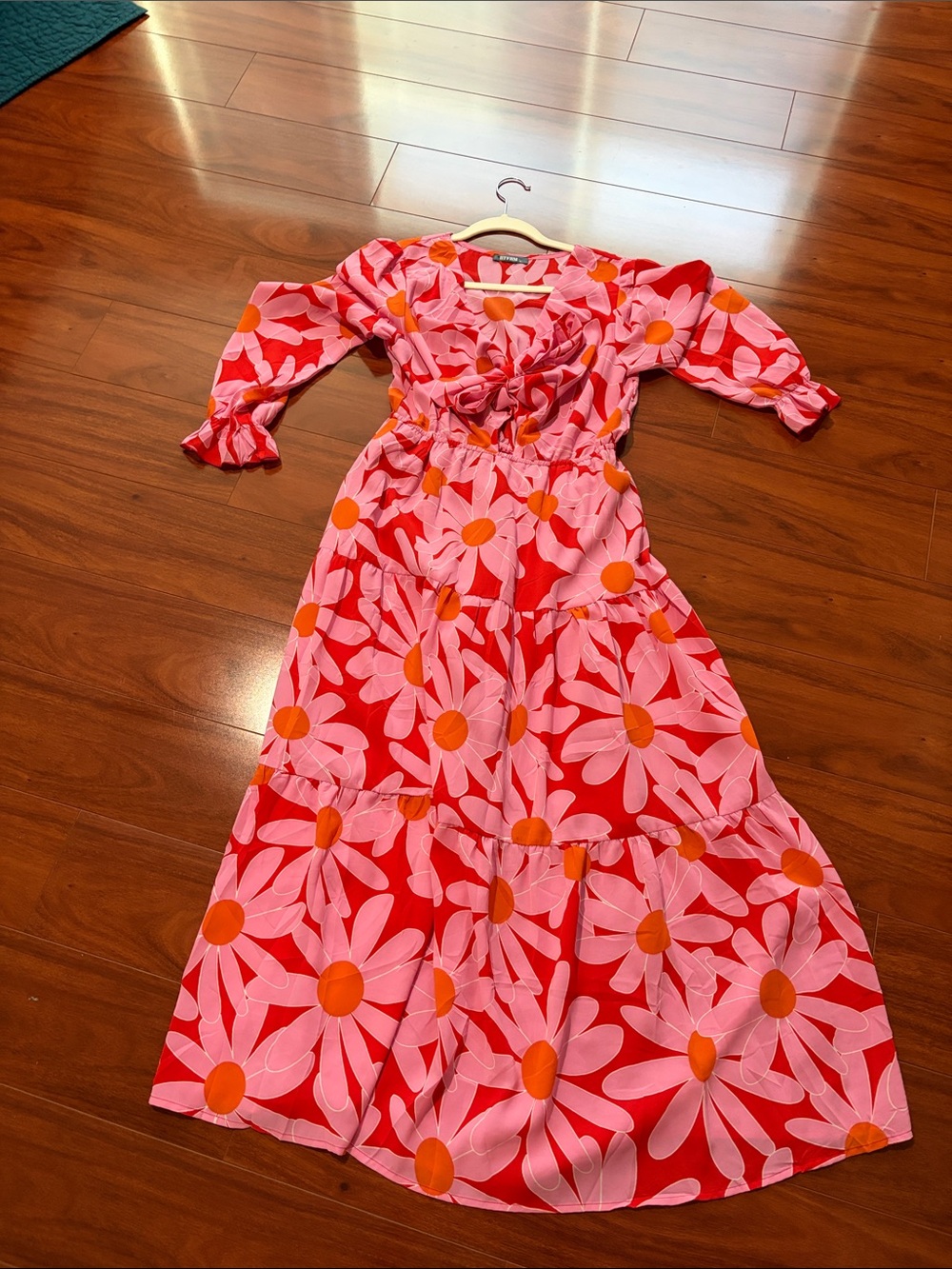 Floral Pink & Red Maxi Dress with Orange Daisy Accents